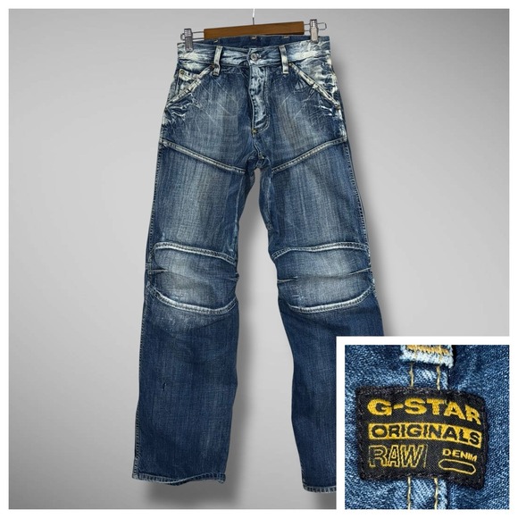G-Star Raw Jeans Mens 28x34 (Fits 26x32) Blue Elwood Double Knee Crazy Fades - Picture 1 of 14